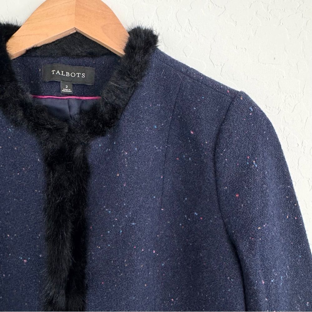Talbots Wool Blend Fur Trimmed Jacket Blazer in Speckled Blue Size 2 - Picture 5 of 8